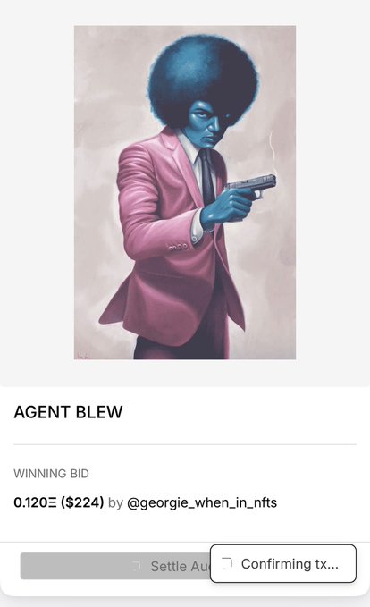 An NFT artwork titled 'AGENT BLEW' showing a blue-skinned character with an afro in a pink suit holding a smoking gun, with a winning bid of 0.120Ξ ($224) by @georgie_when_in_nfts.
