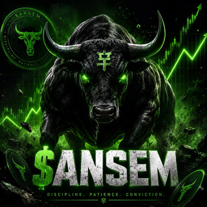 Promotional graphic for $ANSEM cryptocurrency featuring a black bull with glowing green eyes, a candlestick chart trending upward, coin logos, and the tagline 'DISCIPLINE. PATIENCE. CONVICTION.'