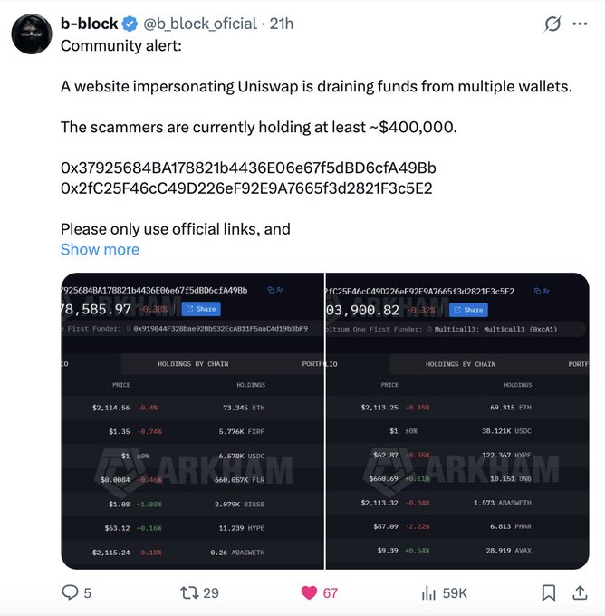 The image features two computer screens side by side with various stock market data displayed on them. The first screen shows a list of stock prices for Bitcoin, while the second screen displays a list of stock prices for Ethereum. Both screens are black and white, making it easy to compare the different stock markets. The text in the image includes information about Uniswap and how it is being used as a scammer to drain funds from multiple wallets.