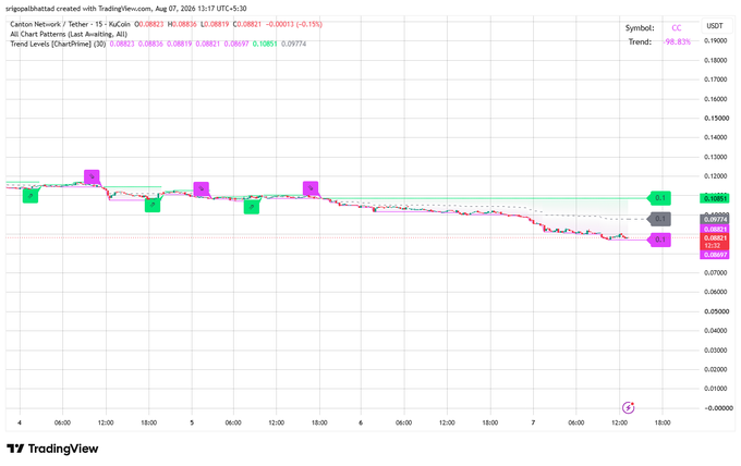 A TradingView chart titled 'CargoX created with TradingView.com' dated Aug 07, 2026, displaying the CGO/USDT pair with a 98.83% downtrend and an Open P/L of -0.00021.