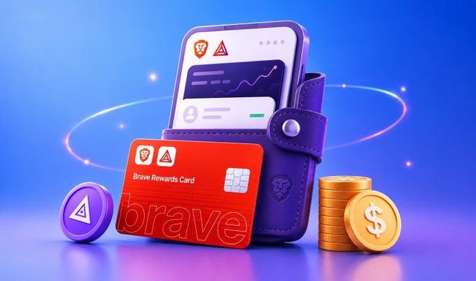 A 3D-rendered promotional graphic features a smartphone, a red "Brave Rewards Card," gold coins, and a purple token on a blue gradient background with glowing rings.