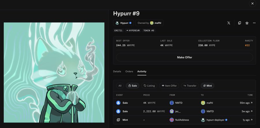 An NFT marketplace listing for 'Hypurr #9' on ERC721/HYPERVM, showing best offer 244.25 WHYPE, last sale 4K WHYPE, collection floor 238.00 WHYPE, rarity #22, owned by mafhl, with recent activity including sales and mint.