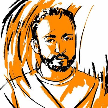 A stylized sketch-style portrait illustration of a bearded man rendered in orange and black linework.