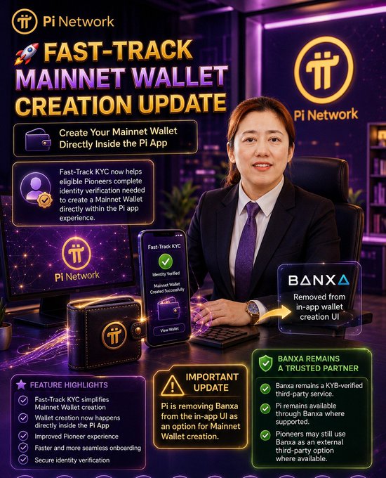 Pi Network announces a Fast-Track KYC update that allows eligible Pioneers to create their Mainnet Wallet directly inside the Pi app, while Banxa is removed as an in-app wallet creation option but remains a trusted third-party partner.