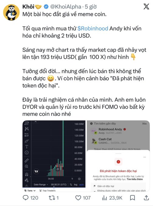 A Vietnamese Twitter post by @KhoiAlpha describes a cautionary tale about buying the $Robinhood Andy meme coin, showing a chart with a massive spike and screenshots of the token's detection warning.
