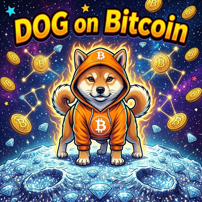 A vibrant digital illustration titled 'DOG on Bitcoin' shows a Shiba Inu dog in an orange hoodie with a Bitcoin logo standing on a moon-like surface surrounded by gold Bitcoin coins, diamonds, and stars in space.
