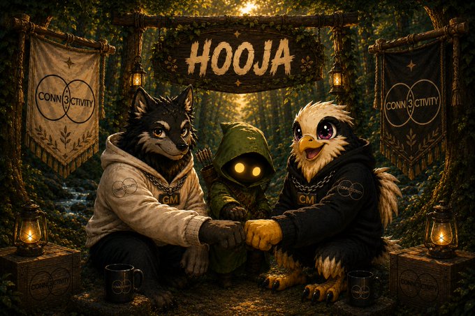 Two anthropomorphic characters—a wolf labeled "GM" and an owl labeled "CM"—shake hands alongside a hooded figure with glowing yellow eyes, standing beneath a banner reading "HOOJA," with "CONN3CTIVITY" banners hanging on either side in a forest setting to promote an exclusive AMA between @CONN3CTIVITY_ and @hoojafun.