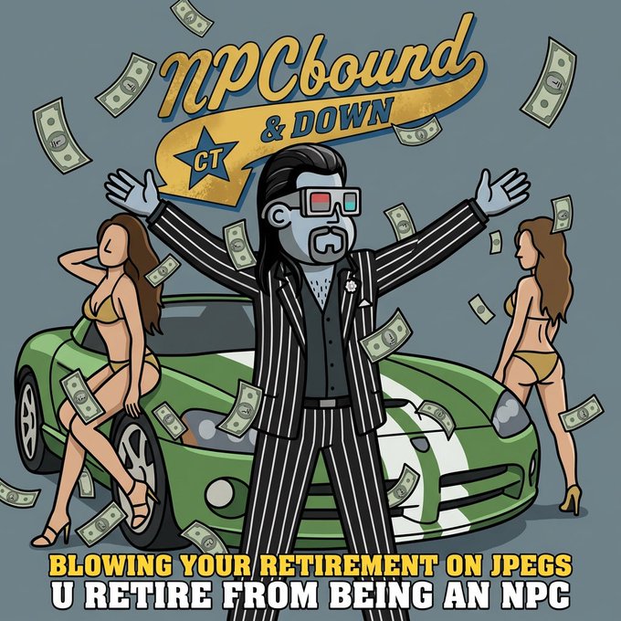 The image features a cartoon man dressed in a suit standing next to a green sports car, surrounded by money falling from the sky. The text above him reads "Blowing Your Retirement On Ipgs U Retire From Being an NPC". This suggests that the image is related to a post about retirement planning and investing for the future.