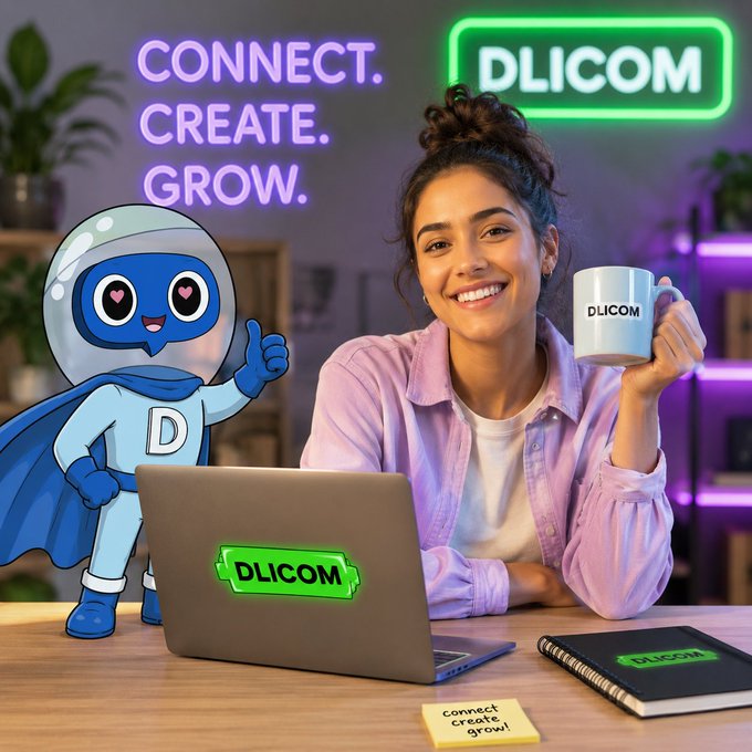 The image features a woman sitting at a desk with an open laptop computer, holding a coffee mug, and smiling for the camera. The background of the image includes neon green letters that say "Connect, Create, Grow." There are also two books on the desk, one near the bottom right corner and another towards the top left corner.