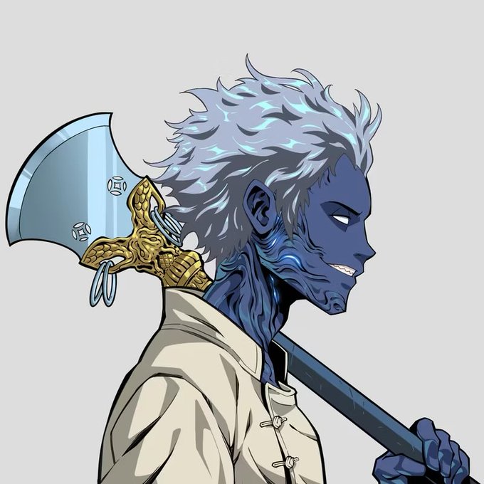 An anime-style illustration of a blue-skinned character with white spiky hair holding a large polearm or axe.