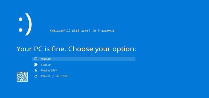 A blue Windows boot manager screen displays 'Your PC is fine. Choose your option:' with Debian highlighted as the selected OS that will start in 8 seconds.