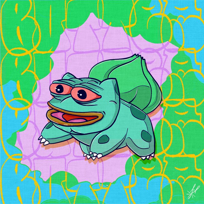 An illustration of a green frog-like creature (resembling Bulbasaur) with big eyes and an open mouth, set against a colorful background of green, blue, and purple patterns.