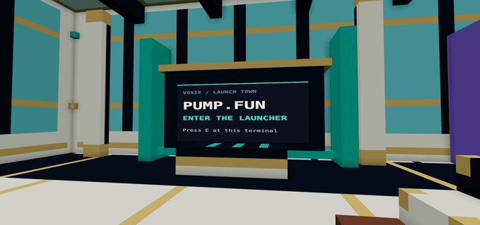 A 3D video game scene labeled 'VOXIES / LAUNCH TOWN' displaying a 'PUMP.FUN' terminal screen with the prompt 'ENTER THE LAUNCHER' and instructions to 'Press E at this terminal'.