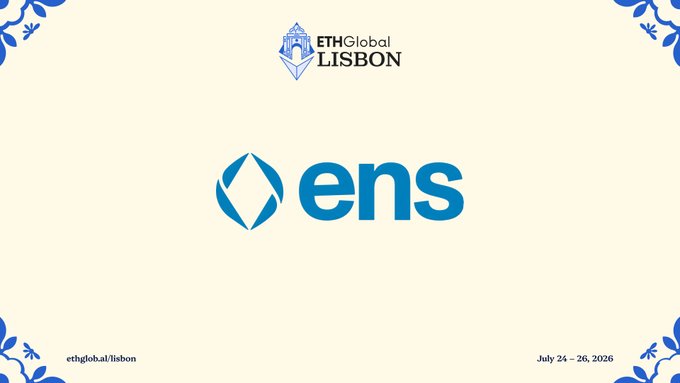 The image is a promotional graphic featuring the ENS (Ethereum Name Service) logo alongside the ETHGlobal Lisbon event logo, with decorative blue foliage in the corners. It displays the event dates "July 24–26, 2026" and the URL "ethglobal/lisbon," confirming ENS's sponsorship and presence at the ETHGlobal Lisbon hackathon as described in the post.