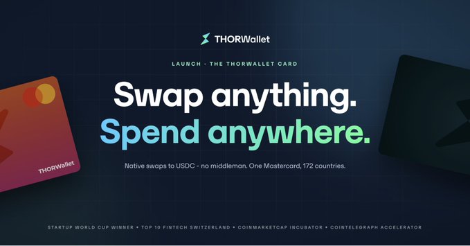 A promotional graphic for the THORWallet Card launch, featuring the tagline "Swap anything. Spend anywhere." with Mastercard-branded cards on a dark background. The image highlights key features mentioned in the post, including native swaps to USDC, 0% top-up fees, Mastercard acceptance, and availability in 172 countries, along with accolades such as "Startup World Cup Winner" and "Top 10 Fintech Switzerland."