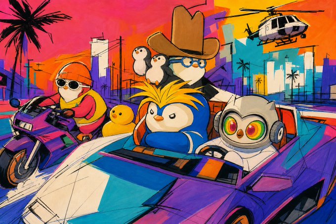 The image features a cartoon scene with several characters, including penguins wearing cowboy hats riding motorcycles down a city street. One of the penguins has a hat that reads "the way!". The background includes buildings and palm trees, giving the impression of an urban setting.