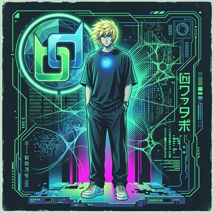 Cyberpunk-style anime illustration of a blonde male character in a dark t-shirt and pants standing on a digital platform with neon green and pink circuit-board patterns and a stylized 'S' logo in the background.