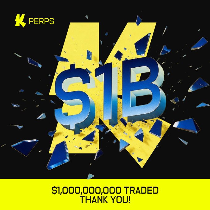 A graphic celebrating Katana Perps ("K PERPS") crossing $1B in total trading volume, featuring shattering glass effects over the text "$1B" with the caption "$1,000,000,000 TRADED THANK YOU!" — visually emphasizing the milestone mentioned in the post about reaching their first billion dollars in trading volume.