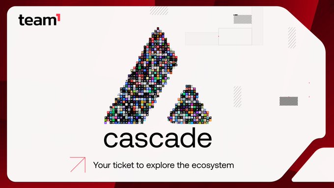 Promotional graphic for 'cascade' by team1 with the tagline 'Your ticket to explore the ecosystem,' featuring a stylized 'A' logo made up of many small colorful squares.