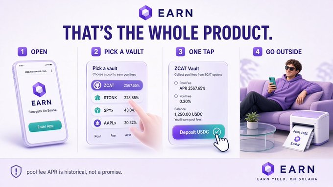 A promotional graphic for a cryptocurrency platform called 'EARN' displays a 4-step process: '1. OPEN', '2. PICK A VAULT', '3. ONE TAP', '4. GO OUTSIDE'. It highlights a ZCAT Vault with a 2567.65% APR and includes the disclaimer 'pool fee APR is historical, not a promise.'