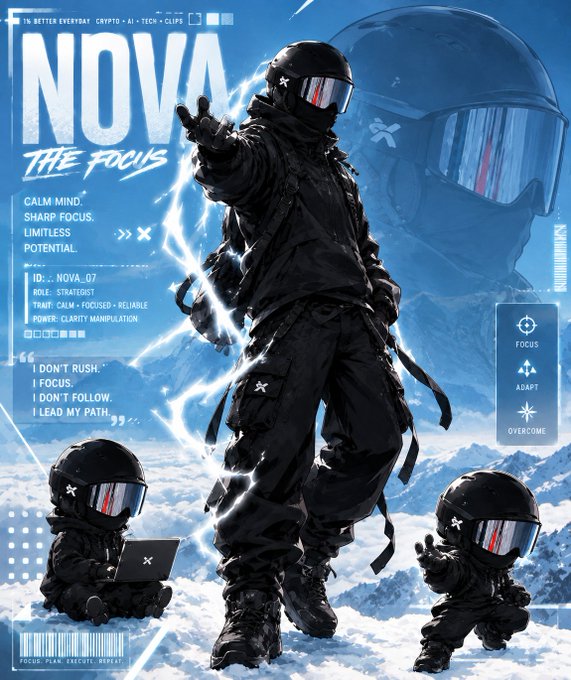 A futuristic poster titled 'NOVA THE FOCUS' depicting figures in black tactical gear and helmets in a snowy mountain setting, featuring text like 'CALM MIND, SHARP FOCUS, LIMITLESS POTENTIAL'.