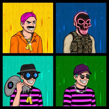 A four-panel cartoon showing stylized characters including a man with pink hair, a skull-masked figure, and two grinning figures wearing hats and sunglasses against brightly colored backgrounds.