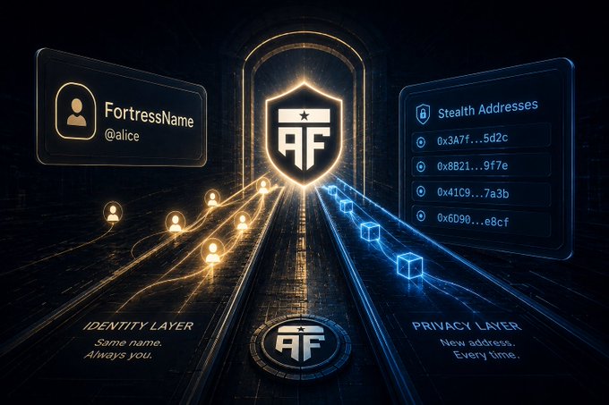 A digital graphic illustrating a cryptographic security concept, displaying 'FortressName @alice' on the 'IDENTITY LAYER' (left) and 'Stealth Addresses' (right) flowing toward a central shield logo.
