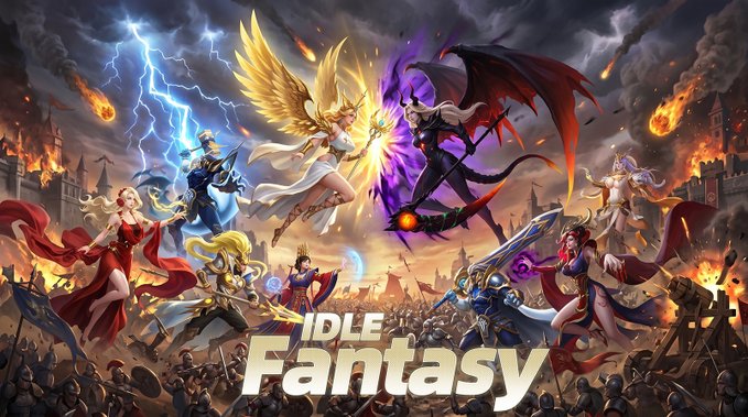 Promotional artwork for "IDLE Fantasy" featuring a dramatic lineup of heroic characters—including an angel, dragon-riding warrior, and various fantasy heroes—set against a fiery battlefield backdrop, with the game's logo displayed prominently in the center to advertise its live campaign on ONE Wave.