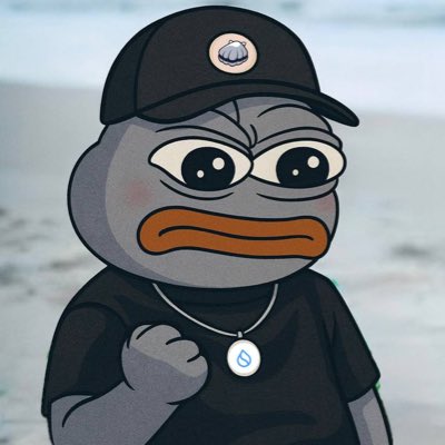 A cartoon illustration of a gray anthropomorphic fish wearing a black cap and t-shirt with a water drop pendant necklace, standing on a beach.