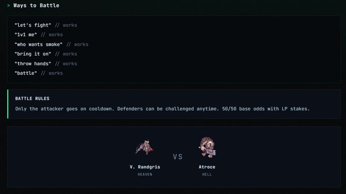 A screenshot from the MON Arena game displaying battle commands ("let's fight", "lvl me", "who wants smoke", "bring it on", "throw hands", "battle") alongside battle rules explaining that only attackers go on cooldown with 50/50 base odds, showing a current matchup between V. Randgris (Reaver) vs. Atroce (Hell). The image illustrates the digital pet battling system mentioned in the post, where players can spawn pets and engage in turn-based combat.