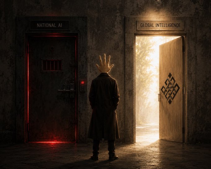 A figure in a dark coat wearing a crown stands before two doors: one labeled 'NATIONAL AI' glowing red on the left, and another labeled 'GLOBAL INTELLIGENCE' opening to bright sunlight on the right.