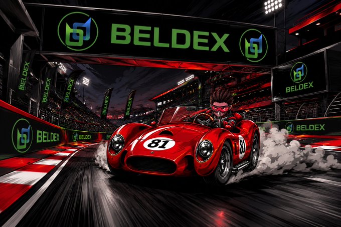 A stylized racing scene featuring a driver in a red vintage race car marked '81' with 'BELDEX' branding displayed on banners and screens around the track.