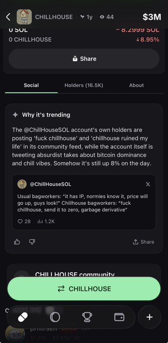 A mobile screenshot of a $3M market cap Solana token called "CHILLHOUSE" (CHILLHOUSE ticker) with the AI-generated "Why it's trending" summary humorously describing it as "fuck chillhouse" with a quoted tweet calling the token "garbage derivative," matching the poster's amusement at how absurd pumpfun AI summaries can get.