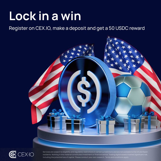 The image features a close-up of two blue soccer balls, one placed directly above an American flag and another below a silver football trophy. The backdrop shows a banner that announces "Lock in a win" and encourages users to register on CEX•IO for a 50 USDC reward by making a deposit.
