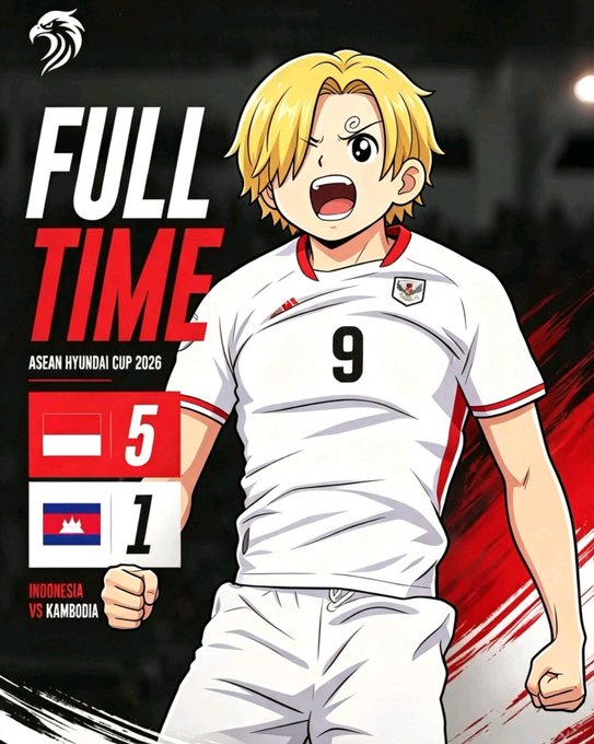 An anime-style sports graphic titled "FULL TIME" for the ASEAN HYUNDAI CUP 2026, showing a player in a white jersey with the number 9 and the final score of Indonesia 5, Kamboja 1.