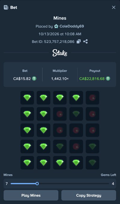 The image is a Stake.com Mines game screenshot showing user "ColeDaddy69" won CA$22,816.68 from a CA$15.82 bet at a 1,442.10× multiplier, playing with 7 mines and revealing 4 gems. The screenshot serves as proof of a big win on Stake, supporting the user's post about claiming a Monthly bonus and promoting a $1,000 USDT giveaway to gain followers and engagement.
