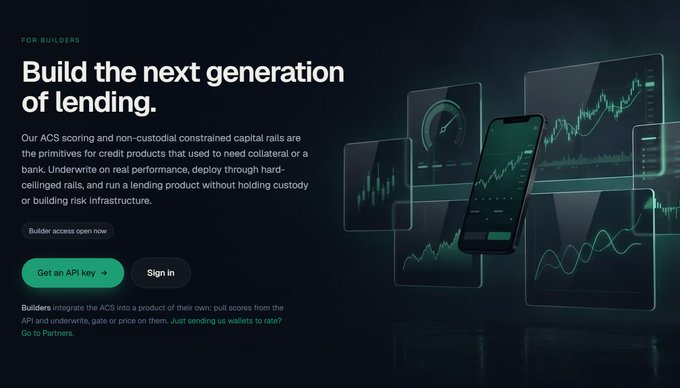 A website landing page for a lending platform stating "Build the next generation of lending," with buttons to "Get an API key" and "Sign in."