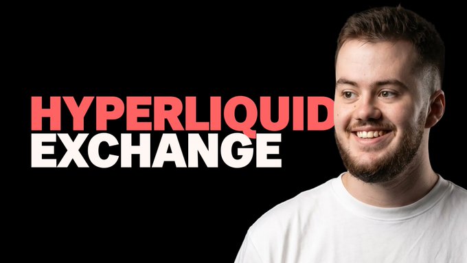 The image features a man with a beard wearing a white t-shirt, smiling at the camera. The background of the image is black, making him stand out prominently. Below his photo, there's text that reads "HYPERLiquid Exchange". This suggests that the image might be related to cryptocurrency or digital assets in some way.