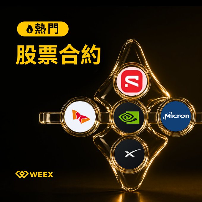 A promotional graphic with Chinese text "熱門" (Popular) and "股票合約" (Stock Contracts), featuring stock logos including Micron in gold circular frames, branded by "WEEX".
