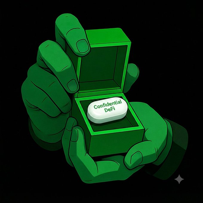 An illustration shows a pair of green-gloved hands holding a small open box that contains a white pill labeled 'Confidential DeFi'.