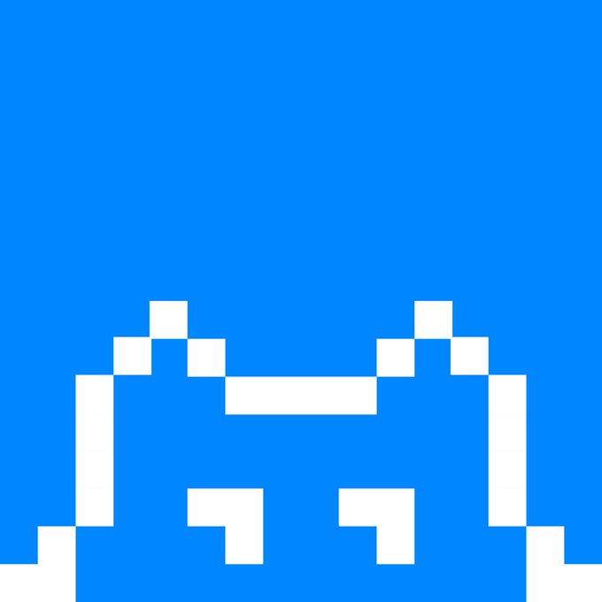 A pixel art image featuring a blue background with a white pixelated character resembling an alien or robot face at the bottom.