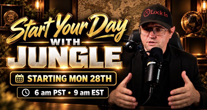 A promotional graphic features a man wearing a 'Lock In' cap speaking into a microphone, with gold text reading 'Start Your Day with JUNGLE' and 'STARTING MON 28TH, 6 am PST • 9 am EST'.