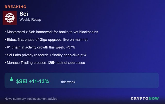 CryptoNow weekly recap for Sei (image 1) highlights partnerships, the Eidos/Giga upgrade, and notes $SEI up 11-13% with a disclaimer: 'News summary, not investment advice'.