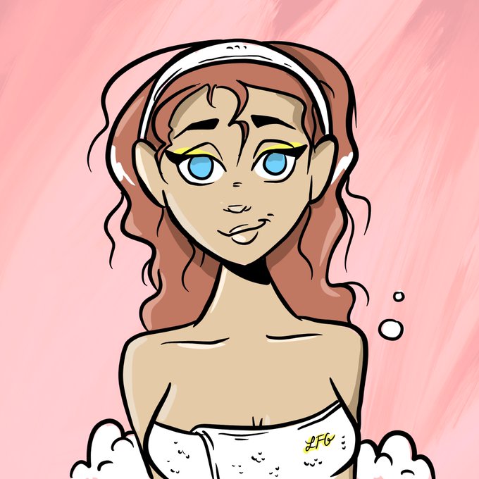 A cartoon-style illustration of a young woman with reddish-brown hair, a white headband, bright blue eyes, and a white off-shoulder top, set against a pink background with bubble details.