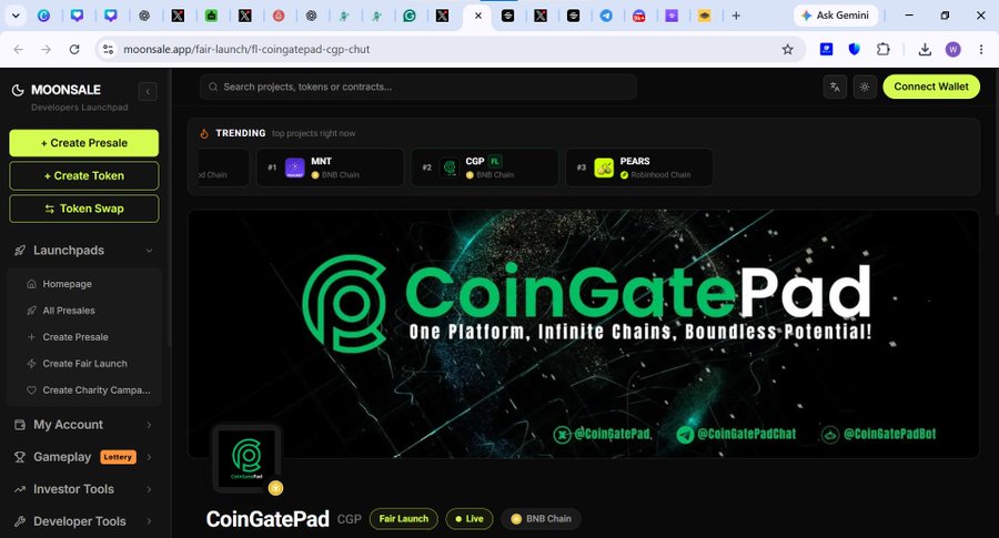 A screenshot of the Moonsale launchpad website displaying the CoinGatePad project page with 'Fair Launch' and 'BNB Chain' tags, alongside trending projects MNT, CGP, and PEARS.