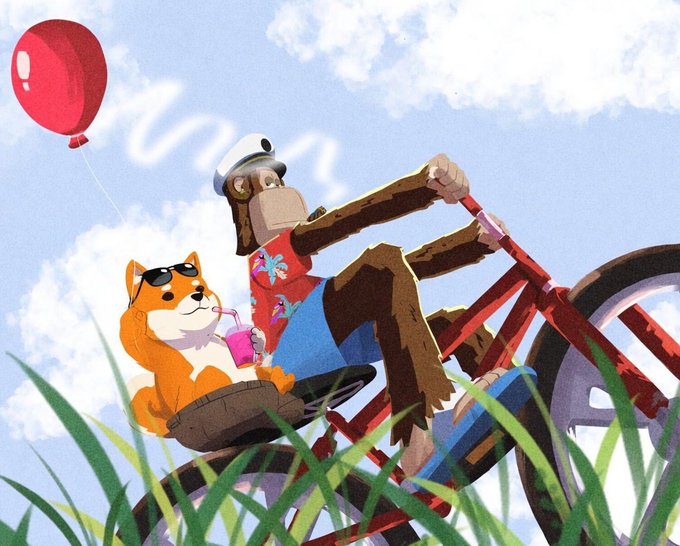 A character in a sailor hat and Hawaiian shirt pedals a bicycle through tall grass, accompanied by a sunglasses-wearing Shiba Inu dog sipping a drink, with a red balloon floating overhead. The scene captures a cheerful, leisurely vibe that contrasts with the poster's mood of wanting to escape internet fatigue and head out to the nearby supermarket.