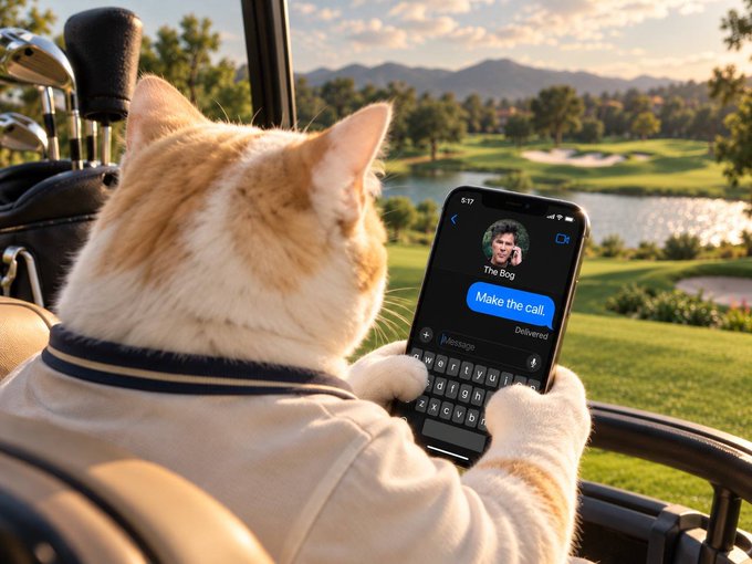 An orange and white cat sits on a golf cart holding a smartphone displaying an iMessage conversation with 'The Boq' and the prompt 'Make the call.', with a golf course visible in the background.