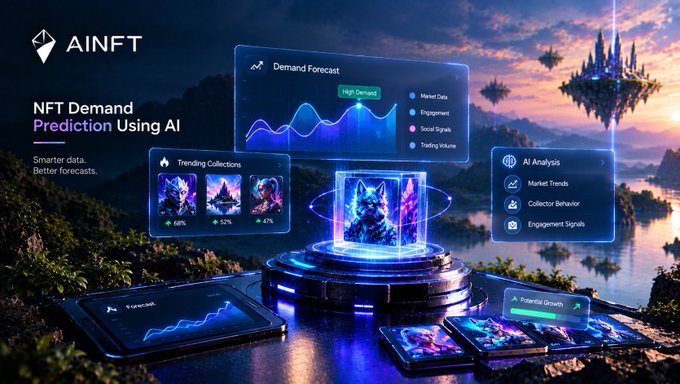 A futuristic promotional graphic for 'AINFT - NFT Demand Prediction Using AI' featuring holographic displays with demand forecast charts, trending collectors, and AI analysis metrics against a fantasy landscape background.
