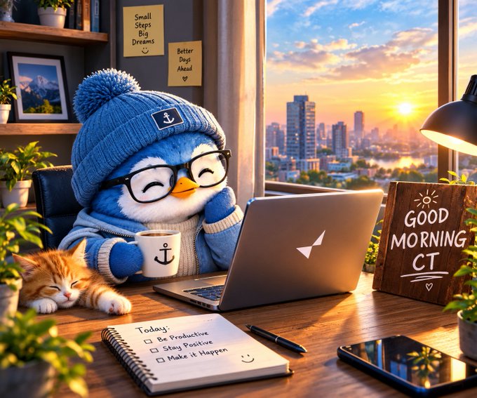 A cute cartoon penguin character wearing a blue beanie, glasses, and a sweater, holding an anchor mug next to a laptop, accompanied by a sleeping kitten and a 'GOOD MORNING CT' sign.