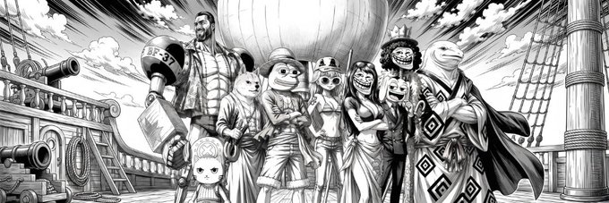 A black-and-white manga-style illustration depicting various characters, including anthropomorphic animals and humans, standing together on a pirate ship deck.